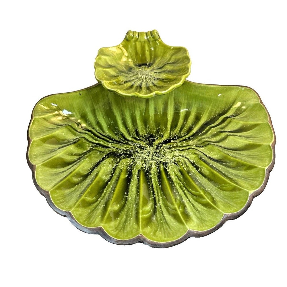 Vintage Treasure Craft MCM Green Clam Shell Chip/Dip Bowl Set 2-Tier Drip Glaze